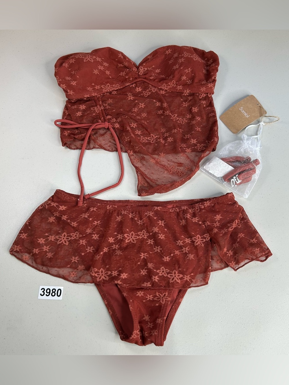 Samiol Red Floral Lace Irregular Hem Tankini Bikini Set Size Small